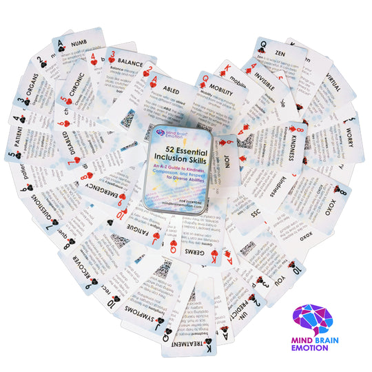 52 Essential Inclusion cards arranged in a heart shape with the tin container on top
