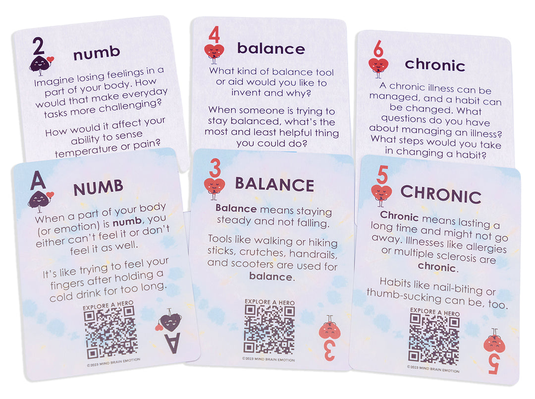 six cards on topics of numb, balance, chronic